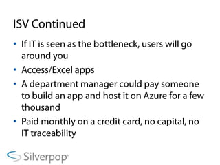 ISV ContinuedIf IT is seen as the bottleneck, users will go around youAccess/Excel appsA department manager could pay someone to build an app and host it on Azure for a few thousandPaid monthly on a credit card, no capital, no IT traceability 