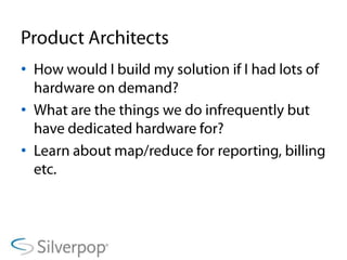 Product ArchitectsHow would I build my solution if I had lots of hardware on demand?What are the things we do infrequently but have dedicated hardware for?Learn about map/reduce for reporting, billing etc.