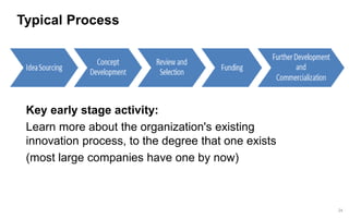 24 
Typical Process 
Key early stage activity: 
Learn more about the organization's existing innovation process, to the degree that one exists 
(most large companies have one by now)  