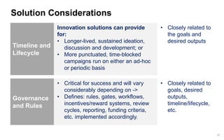 27 
Solution Considerations 
Innovation solutions can provide for: 
•Longer-lived, sustained ideation, discussion and development; or 
•More punctuated, time-blocked campaigns run on either an ad-hoc or periodic basis 
Timeline and Lifecycle 
•Closely related to the goals and desired outputs 
•Critical for success and will vary considerably depending on -> 
•Defines: rules, gates, workflows, incentives/reward systems, review cycles, reporting, funding criteria, etc. implemented accordingly. 
Governance and Rules 
•Closely related to goals, desired outputs, timeline/lifecycle, etc.  