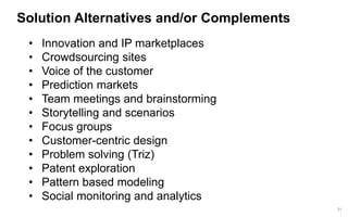 31 
Solution Alternatives and/or Complements 
•Innovation and IP marketplaces 
•Crowdsourcing sites 
•Voice of the customer 
•Prediction markets 
•Team meetings and brainstorming 
•Storytelling and scenarios 
•Focus groups 
•Customer-centric design 
•Problem solving (Triz) 
•Patent exploration 
•Pattern based modeling 
•Social monitoring and analytics  