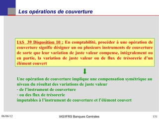 Les opérations de couverture




           IAS 39 Disposition 10 : En comptabilité, procéder à une opération de
           couverture signifie désigner un ou plusieurs instruments de couverture
           de sorte que leur variation de juste valeur compense, intégralement ou
           en partie, la variation de juste valeur ou de flux de trésorerie d’un
           élément couvert


           Une opération de couverture implique une compensation symétrique au
           niveau du résultat des variations de juste valeur
           - de l’instrument de couverture
           - ou des flux de trésorerie
           imputables à l’instrument de couverture et l’élément couvert


06/06/12
131                             IAS/IFRS Banques Centrales                       131
 
