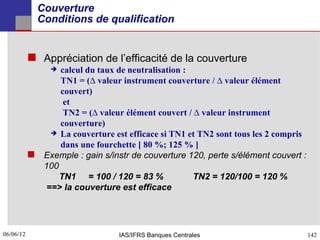 Couverture
             Conditions de qualification


            Appréciation de l’efficacité de la couverture
                calcul du taux de neutralisation :
                 TN1 = (∆ valeur instrument couverture / ∆ valeur élément
                 couvert)
                  et
                  TN2 = (∆ valeur élément couvert / ∆ valeur instrument
                 couverture)
                La couverture est efficace si TN1 et TN2 sont tous les 2 compris
                 dans une fourchette [ 80 %; 125 % ]
            Exemple : gain s/instr de couverture 120, perte s/élément couvert :
             100
                 TN1 = 100 / 120 = 83 %             TN2 = 120/100 = 120 %
              ==> la couverture est efficace




06/06/12
142                               IAS/IFRS Banques Centrales                        142
 