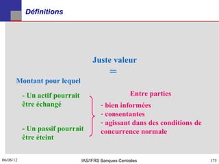 Définitions




                                      Juste valeur
                                              =
       Montant pour lequel

           - Un actif pourrait                         Entre parties
           être échangé                   - bien informées
                                          - consentantes
                                          - agissant dans des conditions de
           - Un passif pourrait           concurrence normale
           être éteint

06/06/12
175                              IAS/IFRS Banques Centrales                   175
 
