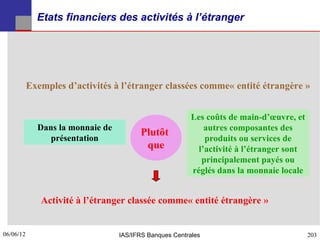 Etats financiers des activités à l’étranger




           Exemples d’activités à l’étranger classées comme« entité étrangère »


                                                         Les coûts de main-d’œuvre, et
             Dans la monnaie de                              autres composantes des
                                        Plutôt
                présentation                                 produits ou services de
                                         que               l’activité à l’étranger sont
                                                            principalement payés ou
                                                         réglés dans la monnaie locale


              Activité à l’étranger classée comme« entité étrangère »


06/06/12
203                               IAS/IFRS Banques Centrales                              203
 
