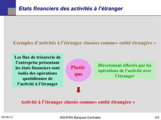 Etats financiers des activités à l’étranger




           Exemples d’activités à l’étranger classées comme« entité étrangère »

           Les flux de trésorerie de
           l’entreprise présentant
                                                           Directement affectés par les
           les états financiers sont     Plutôt
                                                           opérations de l’activité avec
             isolés des opérations        que                      l’étranger
                quotidiennes de
            l’activité à l’étranger



              Activité à l’étranger classée comme« entité étrangère »

06/06/12
205                                IAS/IFRS Banques Centrales                              205
 