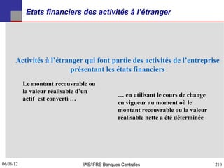 Etats financiers des activités à l’étranger




      Activités à l’étranger qui font partie des activités de l’entreprise
                        présentant les états financiers
           Le montant recouvrable ou
           la valeur réalisable d’un
                                              … en utilisant le cours de change
           actif est converti …
                                              en vigueur au moment où le
                                              montant recouvrable ou la valeur
                                              réalisable nette a été déterminée




06/06/12
210                            IAS/IFRS Banques Centrales                         210
 
