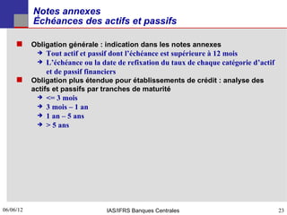 Notes annexes
           Échéances des actifs et passifs

      Obligation générale : indication dans les notes annexes
               Tout actif et passif dont l’échéance est supérieure à 12 mois
               L’échéance ou la date de refixation du taux de chaque catégorie d’actif
                et de passif financiers
      Obligation plus étendue pour établissements de crédit : analyse des
           actifs et passifs par tranches de maturité
               <= 3 mois
               3 mois – 1 an
               1 an – 5 ans
               > 5 ans




06/06/12
23                                IAS/IFRS Banques Centrales                              23
 