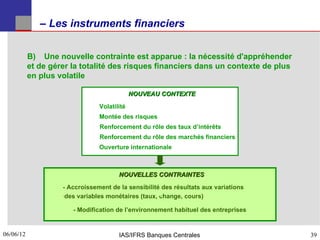 – Les instruments financiers


           B) Une nouvelle contrainte est apparue : la nécessité d'appréhender
           et de gérer la totalité des risques financiers dans un contexte de plus
           en plus volatile

                                             NOUVEAU CONTEXTE

                                Volatilité
                                Montée des risques
                                              
                                Renforcement du rôle des taux d’intérêts
                                              

                                Renforcement du rôle des marchés financiers
                                              

                                Ouverture internationale



                                       NOUVELLES CONTRAINTES

                    - Accroissement de la sensibilité des résultats aux variations
                    ­des variables monétaires (taux, change, cours)


                       - Modification de l’environnement habituel des entreprises


06/06/12
39                                     IAS/IFRS Banques Centrales                    39
 