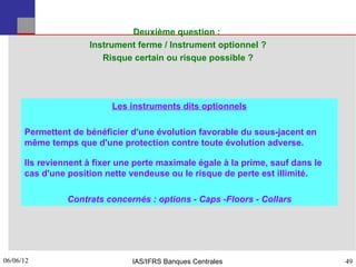 Deuxième question :
                     Instrument ferme / Instrument optionnel ?
                        Risque certain ou risque possible ?




                           Les instruments dits optionnels

      Permettent de bénéficier d'une évolution favorable du sous-jacent en
      même temps que d'une protection contre toute évolution adverse.

      Ils reviennent à fixer une perte maximale égale à la prime, sauf dans le
      cas d'une position nette vendeuse ou le risque de perte est illimité.

                Contrats concernés : options - Caps -Floors - Collars




06/06/12
49                              IAS/IFRS Banques Centrales                       49
 