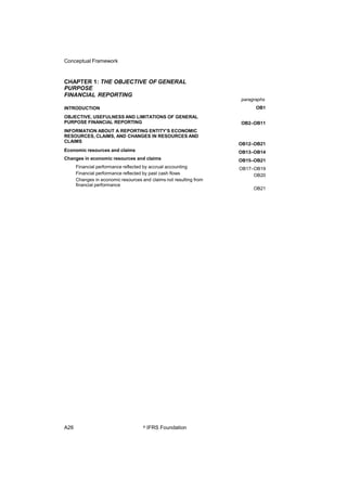 Conceptual Framework
CHAPTER 1: THE OBJECTIVE OF GENERAL
PURPOSE
FINANCIAL REPORTING
paragraphs
OB1INTRODUCTION
OBJECTIVE, USEFULNESS AND LIMITATIONS OF GENERAL
PURPOSE FINANCIAL REPORTING
INFORMATION ABOUT A REPORTING ENTITY’S ECONOMIC
RESOURCES, CLAIMS, AND CHANGES IN RESOURCES AND
CLAIMS
Economic resources and claims
Changes in economic resources and claims
Financial performance reflected by accrual accounting
Financial performance reflected by past cash flows
Changes in economic resources and claims not resulting from
financial performance
OB2–OB11
OB12–OB21
OB13–OB14
OB15–OB21
OB17–OB19
OB20
OB21
A26 © IFRS Foundation
 