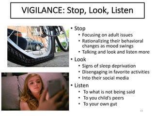 VIGILANCE:	Stop,	Look,	Listen
33
• Stop
• Focusing	on	adult	issues
• Rationalizing	their	behavioral	
changes	as	mood	swing...