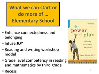 • Enhance connectedness and
belonging
• Infuse JOY
• Reading and writing workshop
model
• Grade level competency in reading
and mathematics by third grade
• Recess 29
What we can start or
do more of …
Elementary School
 