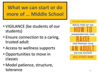 • VIGILANCE (be students of our
students)
• Ensure connection to a caring,
trusted adult
• Access to wellness supports
• Opportunities to move in
classes
• Model patience, structure,
tolerance 30
What we can start or do
more of … Middle School
 