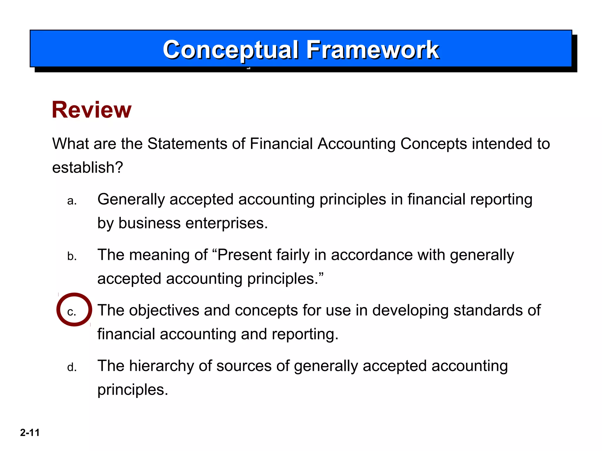 2-11
What are the Statements of Financial Accounting Concepts intended to
establish?
a. Generally accepted accounting principles in financial reporting
by business enterprises.
b. The meaning of “Present fairly in accordance with generally
accepted accounting principles.”
c. The objectives and concepts for use in developing standards of
financial accounting and reporting.
d. The hierarchy of sources of generally accepted accounting
principles.
Conceptual FrameworkConceptual FrameworkConceptual FrameworkConceptual Framework
Review
 