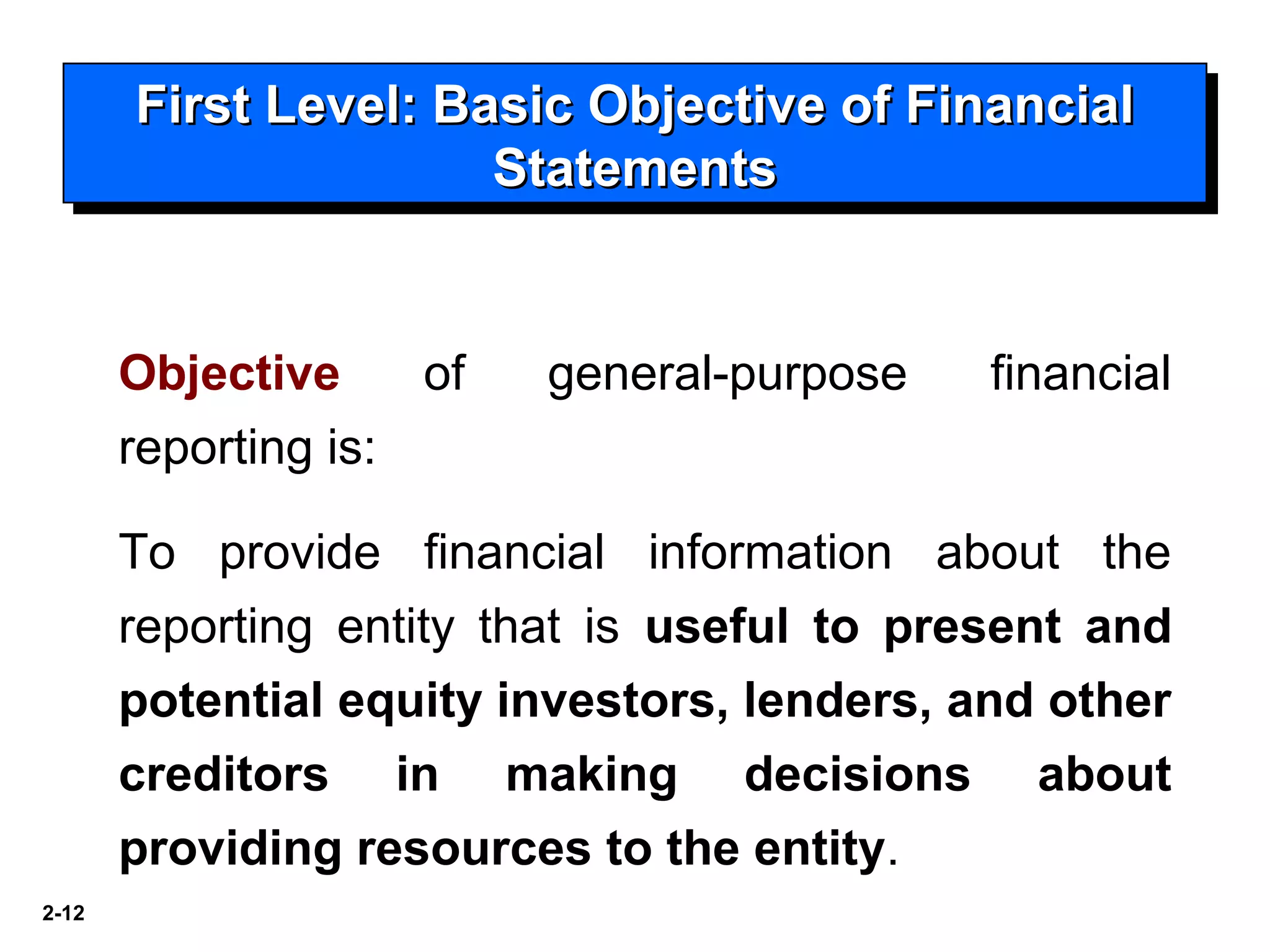 2-12
First Level: Basic Objective of FinancialFirst Level: Basic Objective of Financial
StatementsStatements
First Level: Basic Objective of FinancialFirst Level: Basic Objective of Financial
StatementsStatements
Objective of general-purpose financial
reporting is:
To provide financial information about the
reporting entity that is useful to present and
potential equity investors, lenders, and other
creditors in making decisions about
providing resources to the entity.
 