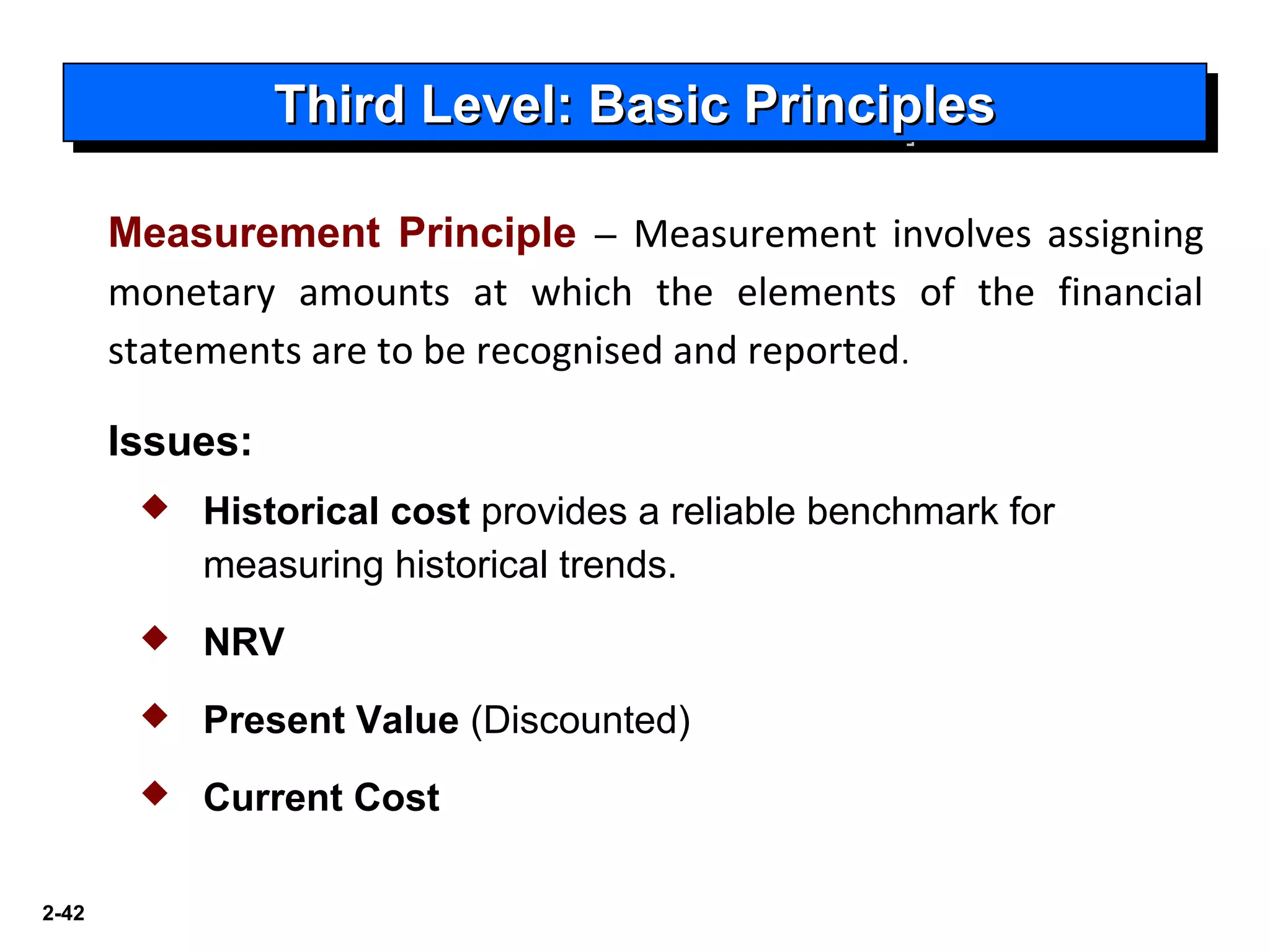 2-42
Measurement Principle – Measurement involves assigning
monetary amounts at which the elements of the financial
statements are to be recognised and reported.
Issues:
 Historical cost provides a reliable benchmark for
measuring historical trends.
 NRV
 Present Value (Discounted)
 Current Cost
Third Level: Basic PrinciplesThird Level: Basic PrinciplesThird Level: Basic PrinciplesThird Level: Basic Principles
 