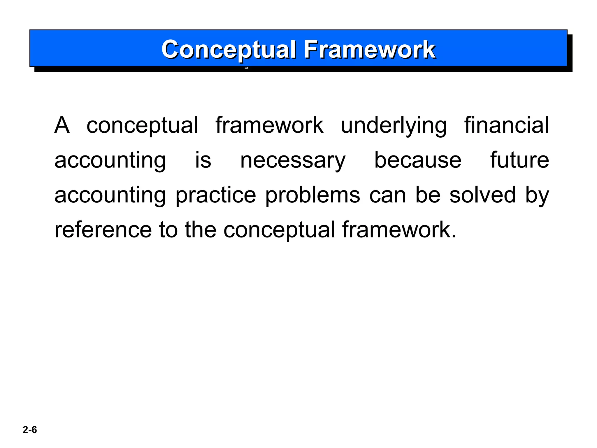 2-6
A conceptual framework underlying financial
accounting is necessary because future
accounting practice problems can be solved by
reference to the conceptual framework.
Conceptual FrameworkConceptual FrameworkConceptual FrameworkConceptual Framework
 