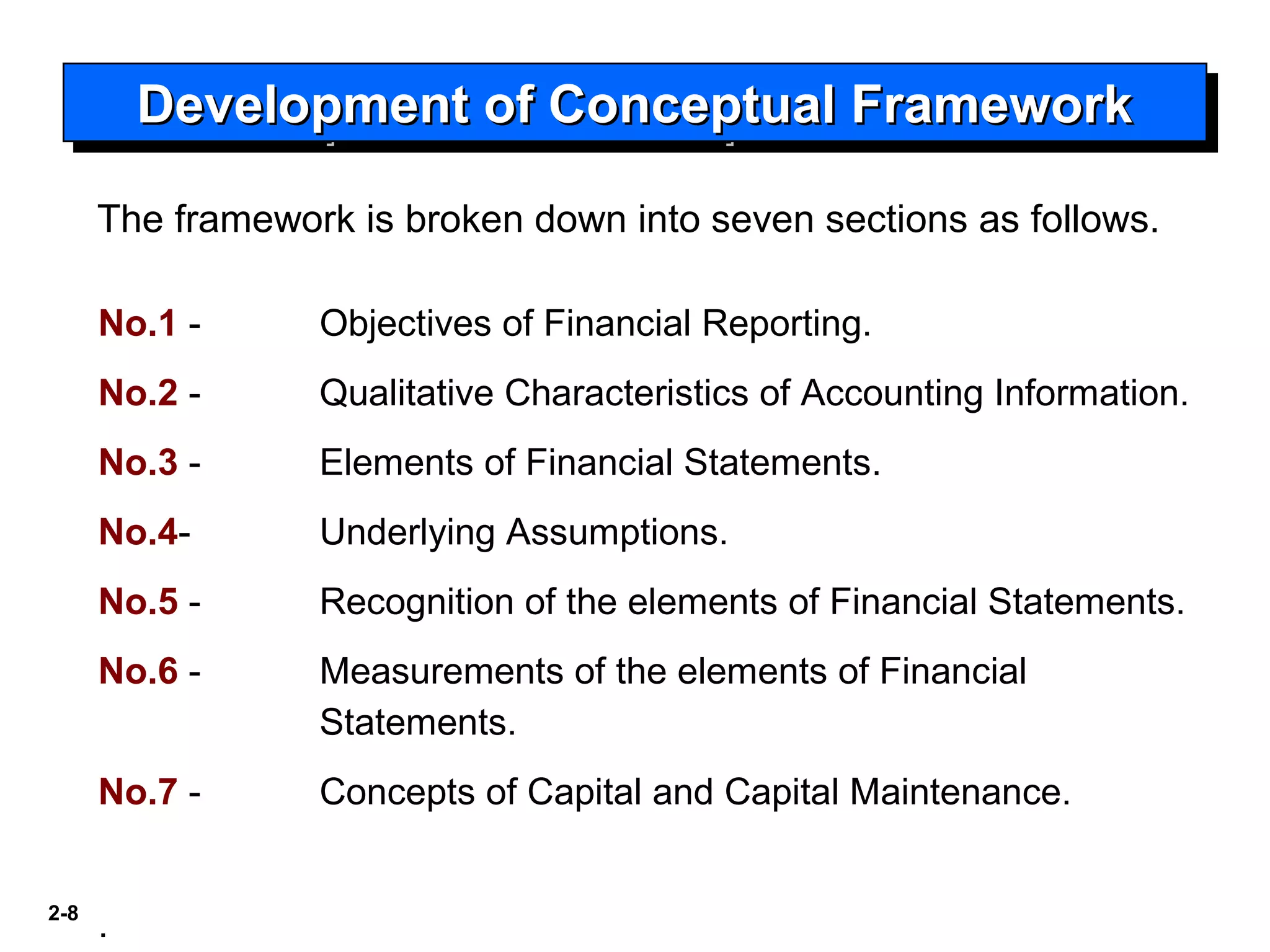 2-8
The framework is broken down into seven sections as follows.
Development of Conceptual FrameworkDevelopment of Conceptual FrameworkDevelopment of Conceptual FrameworkDevelopment of Conceptual Framework
No.1 - Objectives of Financial Reporting.
No.2 - Qualitative Characteristics of Accounting Information.
No.3 - Elements of Financial Statements.
No.4- Underlying Assumptions.
No.5 - Recognition of the elements of Financial Statements.
No.6 - Measurements of the elements of Financial
Statements.
No.7 - Concepts of Capital and Capital Maintenance.
.
 