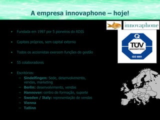 A empresa innovaphone – hoje! Fundada em 1997 por 5 pioneiros do RDIS Capitais próprios, sem capital externo Todos os accionistas exercem funções de gestão 55 colaboradores Escritórios: Sindelfingen:  Sede, desenvolvimento,  vendas, marketing Berlin:  desenvolvimento, vendas Hannover:  centro de formação, suporte Sweden / Italy:  representação de vendas Vienna Tallinn 