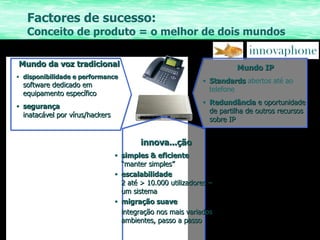 Factores de sucesso:  Conceito de produto = o melhor de dois mundos Mundo da voz tradicional disponibilidade e performance software dedicado em equipamento específico segurança inatacável por vírus/hackers Mundo IP Standards  abertos até ao telefone Redundância  e oportunidade de partilha de outros recursos sobre IP innova...ção simples & eficiente “manter simples” escalabilidade 2 até > 10.000 utilizadores – um sistema migração suave integração nos mais variados ambientes, passo a passo 
