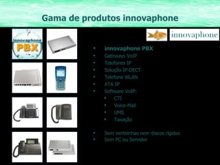 Gama de produtos innovaphone innovaphone PBX Gateways VoIP Telefones IP Solução IP-DECT Telefone WLAN ATA IP Software VoIP: CTI Voice-Mail UMS Taxação Sem ventoinhas nem discos rígidos Sem PC ou Servidor 