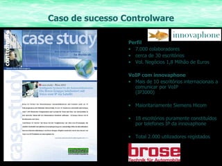 Caso de sucesso Controlware Perfil 7.000 colaboradores cerca de 30 escritórios Vol. Negócios 1,8 Milhão de Euros VoIP com innovaphone Mais de 10 escritórios internacionais a comunicar por VoIP  (IP3000) Maioritariamente Siemens Hicom 18 escritórios puramente constituídos por telefones IP da innovaphone Total 2.000 utilizadores registados 
