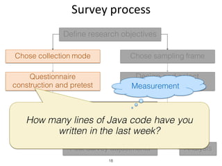 Survey	process
18
Define research objectives
Chose collection mode Chose sampling frame
Questionnaire
construction and pretest
Design and select
sample
Recruit and measure
Data coding and editing
AnalysisPost-survey adjustments
How many lines of Java code have you
written in the last week?
Measurement
 