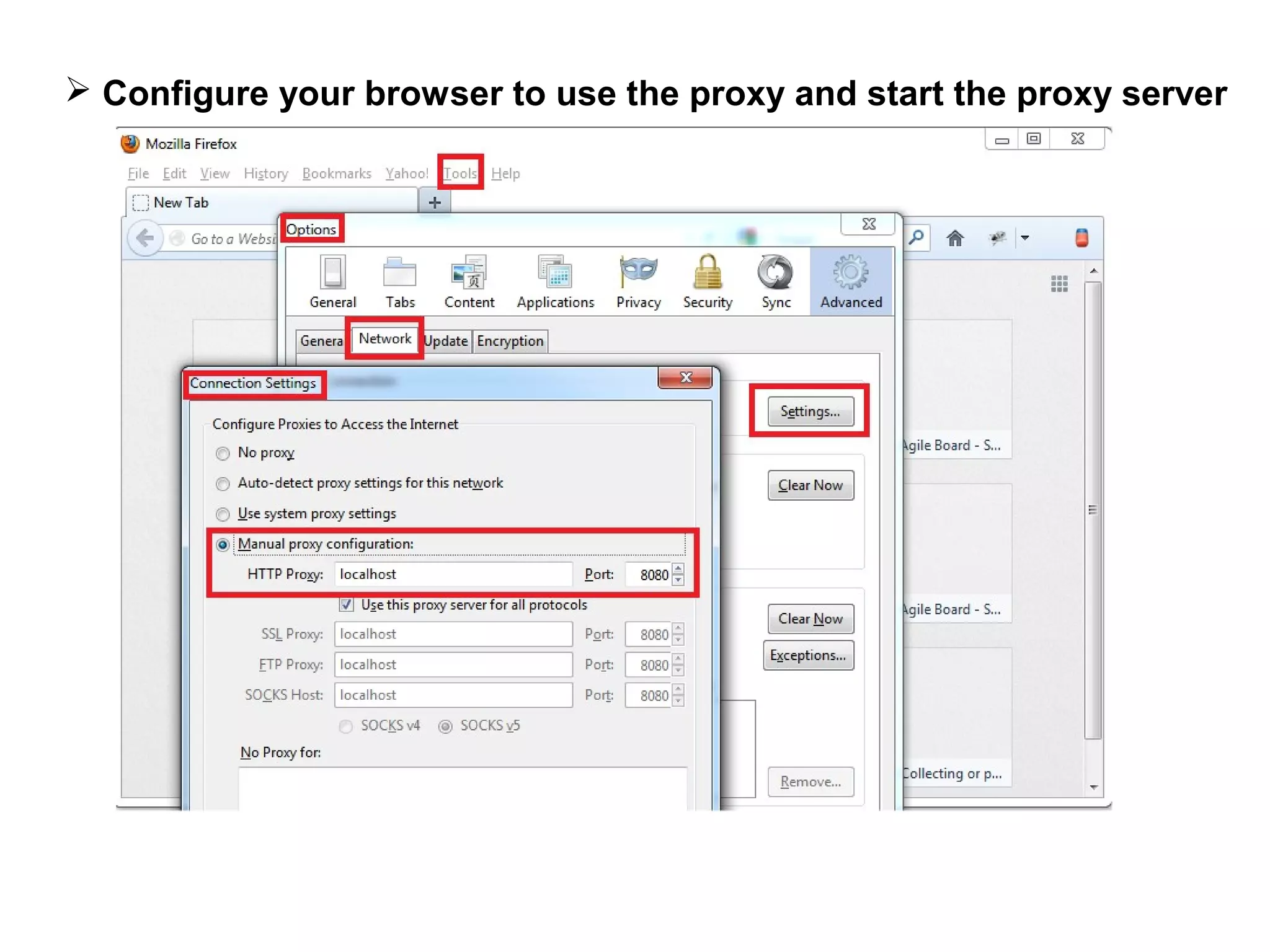  Configure your browser to use the proxy and start the proxy server

 