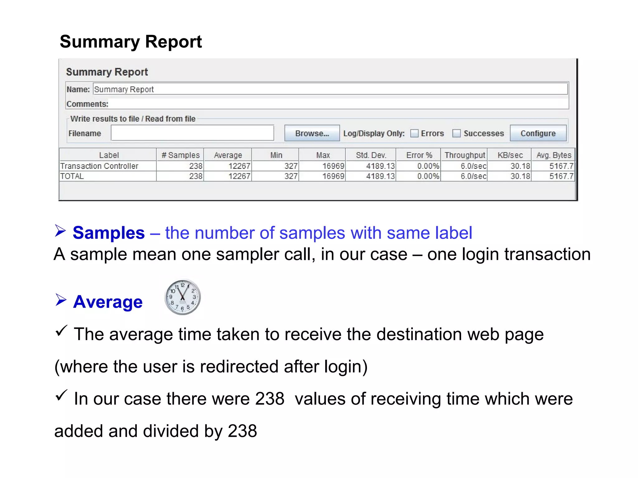 Summary Report

 Samples – the number of samples with same label
A sample mean one sampler call, in our case – one login transaction
 Average
 The average time taken to receive the destination web page
(where the user is redirected after login)
 In our case there were 238 values of receiving time which were
added and divided by 238

 