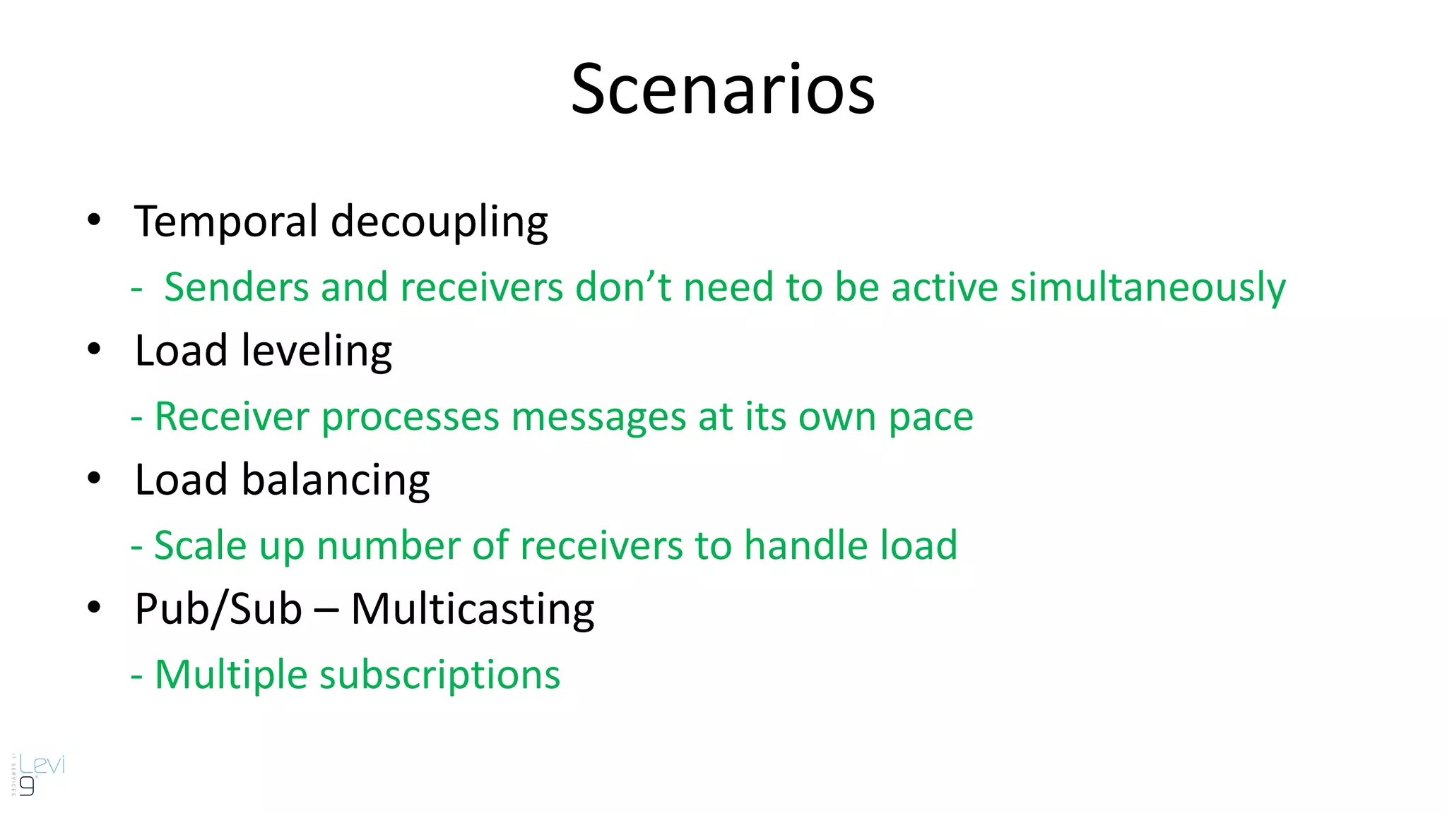 Scenarios
• Temporal decoupling
- Senders and receivers don’t need to be active simultaneously
• Load leveling
- Receiver processes messages at its own pace
• Load balancing
- Scale up number of receivers to handle load
• Pub/Sub – Multicasting
- Multiple subscriptions
 