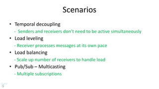 Scenarios
• Temporal decoupling
- Senders and receivers don’t need to be active simultaneously
• Load leveling
- Receiver processes messages at its own pace
• Load balancing
- Scale up number of receivers to handle load
• Pub/Sub – Multicasting
- Multiple subscriptions
 