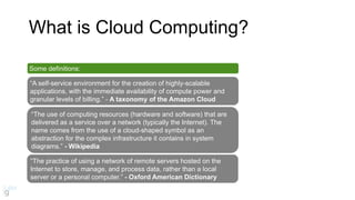 Some definitions:
“A self-service environment for the creation of highly-scalable
applications, with the immediate availability of compute power and
granular levels of billing.” - A taxonomy of the Amazon Cloud
What is Cloud Computing?
“The use of computing resources (hardware and software) that are
delivered as a service over a network (typically the Internet). The
name comes from the use of a cloud-shaped symbol as an
abstraction for the complex infrastructure it contains in system
diagrams.” - Wikipedia
“The practice of using a network of remote servers hosted on the
Internet to store, manage, and process data, rather than a local
server or a personal computer.” - Oxford American Dictionary
 