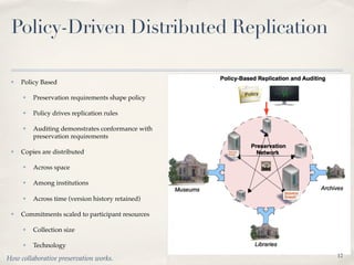 Policy-Driven Distributed Replication

 ✤   Policy Based

     ✤   Preservation requirements shape policy

     ✤   Policy drives replication rules

     ✤   Auditing demonstrates conformance with
         preservation requirements

 ✤   Copies are distributed

     ✤   Across space

     ✤   Among institutions

     ✤   Across time (version history retained)

 ✤   Commitments scaled to participant resources

     ✤   Collection size

     ✤   Technology
                                                   12
How collaborative preservation works.
 
