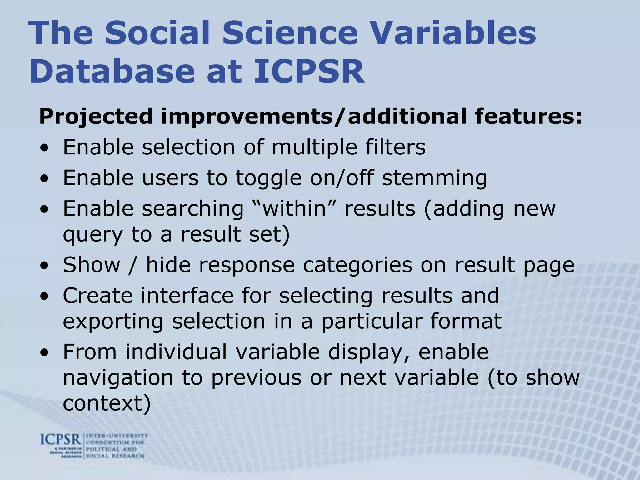 The Social Science Variables Database at ICPSRCurrent content: