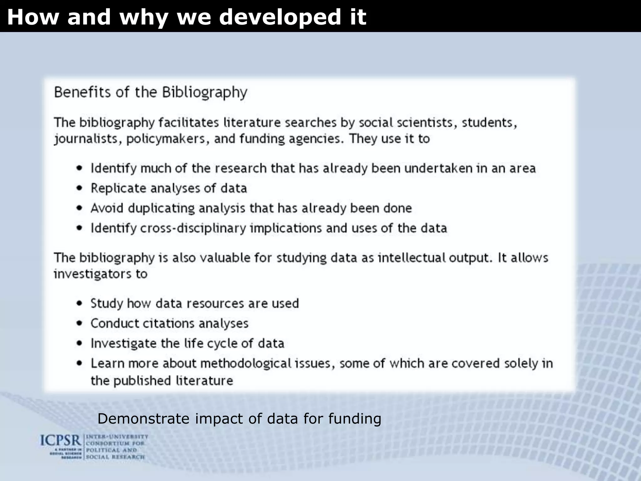 Variable notes – not indexed / searched, but they are displayedThe Social Science Variables Database at ICPSRThe Public Search Features:Stemming