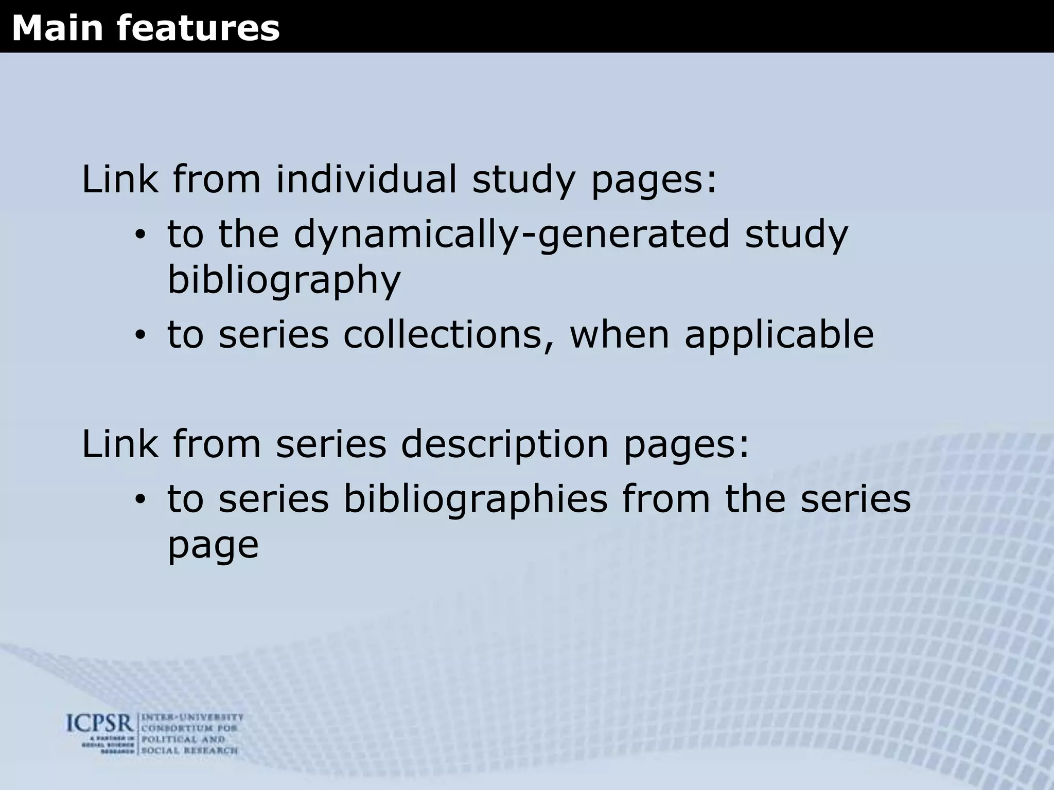 Data ExplorationThe Bibliography of Data-related LiteratureData-related biblioSSVD  the variablesDocs, subjects, PIs, etcSearch Results