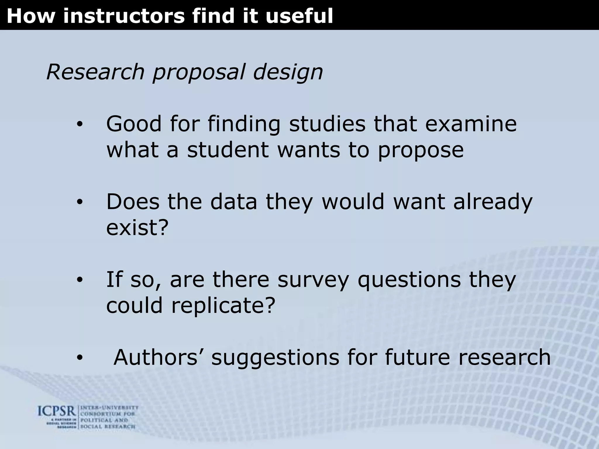 ICPSR Bibliography of Data-related LiteratureWhat we will cover:What it is and how to access it
