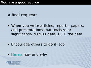 How and why we developed itWhat’s in the collection?Resources using data in the ICPSR holdings as the primary data sourceResources using ICPSR data in a comparison with the primary dataset investigatedResources "about" an ICPSR dataset or study series.