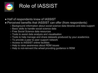Role of IASSIST

● Half of respondents knew of IASSIST
● Perceived benefits that IASSIST can offer (from respondents)
   ○ Background information about social science data libraries and data support
   ○ Basic skills to handle social science data
   ○ Free Social Science data resources
   ○ Tools to assist data analysis and visualisation
   ○ Tools to help manage and share datasets produced by your academics
   ○ To provide a peer to peer support network
   ○ Access to IASSIST online facilities
   ○ Help to raise awareness about RDM issues
   ○ Help to not-reinvent the wheel providing guidance in RDM
 