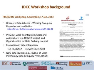 IDCC Workshop background
PREPARDE Workshop, Amsterdam 17 Jan. 2013
• Research Data Alliance - Working Group on
Repository Accreditation
http://forum.rd-alliance.org/viewtopic.php?f=3&t=31
• Previous work on integrating data and
publications e.g. DRIVER project and
Opportunities for Data Exchange report
• Innovation in data integration
E.g. PANGAEA – Elsevier since 2010
• New data journals e.g. Journal of Open
Psychology Data (Ubiquity Press, DANS)
 