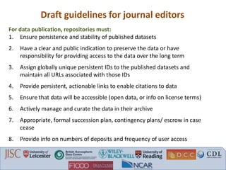 Draft guidelines for journal editors
For data publication, repositories must:
1. Ensure persistence and stability of published datasets
2. Have a clear and public indication to preserve the data or have
responsibility for providing access to the data over the long term
3. Assign globally unique persistent IDs to the published datasets and
maintain all URLs associated with those IDs
4. Provide persistent, actionable links to enable citations to data
5. Ensure that data will be accessible (open data, or info on license terms)
6. Actively manage and curate the data in their archive
7. Appropriate, formal succession plan, contingency plans/ escrow in case
cease
8. Provide info on numbers of deposits and frequency of user access
 