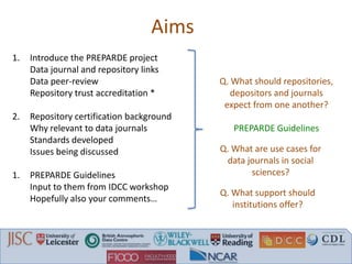 Aims
1. Introduce the PREPARDE project
Data journal and repository links
Data peer-review
Repository trust accreditation *
2. Repository certification background
Why relevant to data journals
Standards developed
Issues being discussed
1. PREPARDE Guidelines
Input to them from IDCC workshop
Hopefully also your comments…
Q. What should repositories,
depositors and journals
expect from one another?
Q. What are use cases for
data journals in social
sciences?
Q. What support should
institutions offer?
PREPARDE Guidelines
 