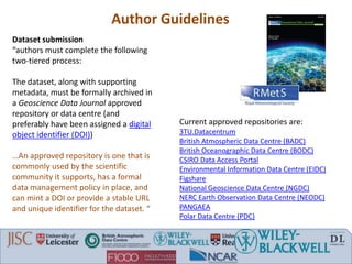 Dataset submission
“authors must complete the following
two-tiered process:
The dataset, along with supporting
metadata, must be formally archived in
a Geoscience Data Journal approved
repository or data centre (and
preferably have been assigned a digital
object identifier (DOI))
…An approved repository is one that is
commonly used by the scientific
community it supports, has a formal
data management policy in place, and
can mint a DOI or provide a stable URL
and unique identifier for the dataset. “
Author Guidelines
Current approved repositories are:
3TU.Datacentrum
British Atmospheric Data Centre (BADC)
British Oceanographic Data Centre (BODC)
CSIRO Data Access Portal
Environmental Information Data Centre (EIDC)
Figshare
National Geoscience Data Centre (NGDC)
NERC Earth Observation Data Centre (NEODC)
PANGAEA
Polar Data Centre (PDC)
 