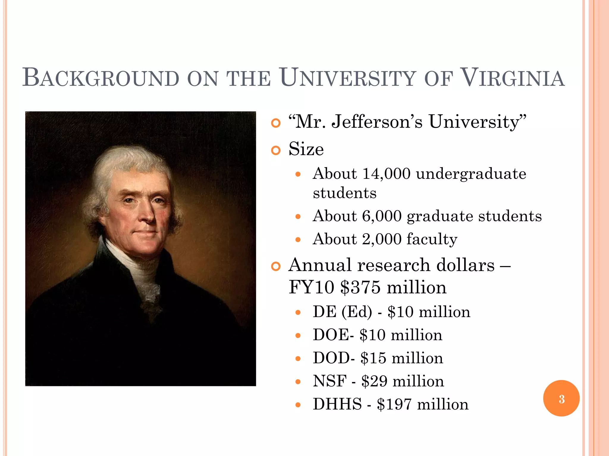 BACKGROUND ON THE UNIVERSITY OF VIRGINIA
                     “Mr. Jefferson’s University”
                     Size
                       About 14,000 undergraduate
                        students
                       About 6,000 graduate students
                       About 2,000 faculty

                     Annual research dollars –
                      FY10 $375 million
                         DE (Ed) - $10 million
                         DOE- $10 million
                         DOD- $15 million
                         NSF - $29 million
                                                        3
                         DHHS - $197 million
 