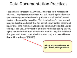 Data Documentation Practices
I use an Excel spreadsheet…which I … inherited from my research
advisers. …my dissertation advisor was still recording data for each
specimen on paper when I was in graduate school so that's what I
started …then quickly, I was like, "This is ridiculous.“… I just started
using an Excel spreadsheet that has sort of slowly gotten bigger and
bigger over time with more variables or columns…I've added …color
coding…I also use…a very sort of primitive numerical coding system,
again, that I inherited from my research advisers…So, this little book
that goes with me of codes which is sort of odd, but …we all know
that a 14 is a sheep.” (CCU13)


                                          A long way to go before we
                                          get usable, intelligible data
 