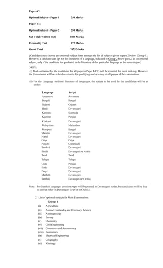 Paper-VI
Optional Subject – Paper 1 250 Marks
Paper-VII
Optional Subject – Paper 2 250 Marks
Sub Total (Written test) 1800 Marks
Personality Test 275 Marks.
Grand Total 2075 Marks
{Candidates may choose any optional subject from amongst the list of subjects given in para 2 below (Group 1).
However, a candidate can opt for the literatures of a language, indicated in Group-2 below para 2, as an optional
subject, only if the candidate has graduated in the literature of that particular language as the main subject}.
NOTE:
(i) Marks obtained by the candidates for all papers (Paper I-VII) will be counted for merit ranking. However,
the Commission will have the discretion to fix qualifying marks in any or all papers of the examination.
(ii) For the Language medium/ literature of languages, the scripts to be used by the candidates will be as
under:-
Language Script
Assamese Assamese
Bengali Bengali
Gujarati Gujarati
Hindi Devanagari
Kannada Kannada
Kashmiri Persian
Konkani Devanagari
Malayalam Malayalam
Manipuri Bengali
Marathi Devanagari
Nepali Devanagari
Oriya Oriya
Punjabi Gurumukhi
Sanskrit Devanagari
Sindhi Devanagari or Arabic
Tamil Tamil
Telugu Telugu
Urdu Persian
Bodo Devanagari
Dogri Devanagari
Maithilli Devanagari
Santhali Devanagari or Olchiki
Note : For Santhali language, question paper will be printed in Devanagari script; but candidates will be free
to answer either in Devanagariscript or in Olchiki.
2. List of optional subjects for Main Examination:
Group-1
(i) Agriculture
(ii) Animal Husbandry and Veterinary Science
(iii) Anthropology
(iv) Botany
(v) Chemistry
(vi) Civil Engineering
(vii) Commerce and Accountancy
(viii) Economics
(ix) Electrical Engineering
(x) Geography
(xi) Geology
 