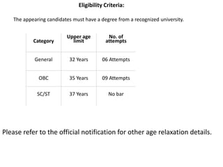 Category
Upper age
limit
No. of
attempts
General 32 Years 06 Attempts
OBC 35 Years 09 Attempts
SC/ST 37 Years No bar
Eligibility Criteria:
The appearing candidates must have a degree from a recognized university.
Please refer to the official notification for other age relaxation details.
 