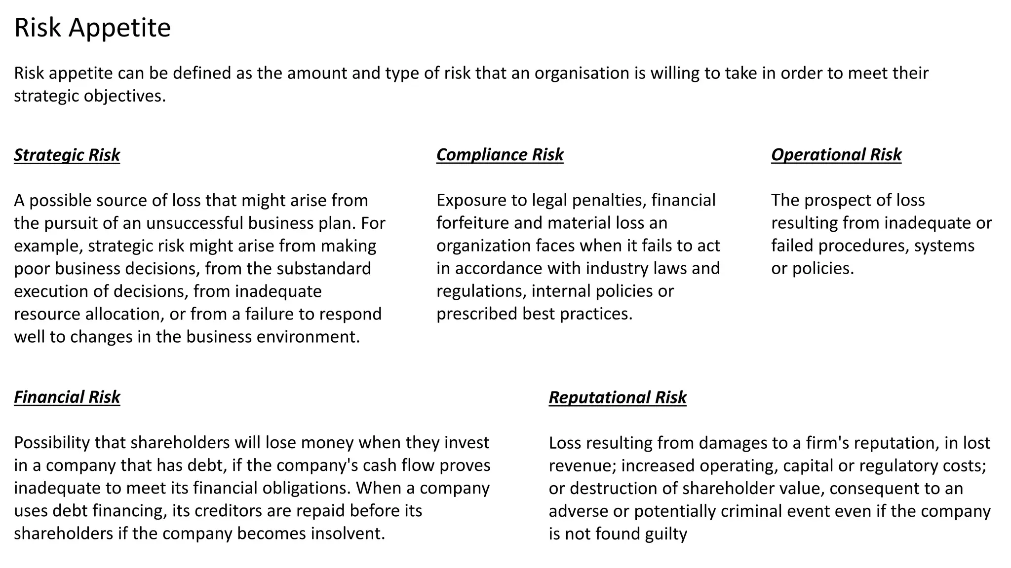 Strategic Risk
A possible source of loss that might arise from
the pursuit of an unsuccessful business plan. For
example, strategic risk might arise from making
poor business decisions, from the substandard
execution of decisions, from inadequate
resource allocation, or from a failure to respond
well to changes in the business environment.
Compliance Risk
Exposure to legal penalties, financial
forfeiture and material loss an
organization faces when it fails to act
in accordance with industry laws and
regulations, internal policies or
prescribed best practices.
Operational Risk
The prospect of loss
resulting from inadequate or
failed procedures, systems
or policies.
Financial Risk
Possibility that shareholders will lose money when they invest
in a company that has debt, if the company's cash flow proves
inadequate to meet its financial obligations. When a company
uses debt financing, its creditors are repaid before its
shareholders if the company becomes insolvent.
Reputational Risk
Loss resulting from damages to a firm's reputation, in lost
revenue; increased operating, capital or regulatory costs;
or destruction of shareholder value, consequent to an
adverse or potentially criminal event even if the company
is not found guilty
Risk Appetite
Risk appetite can be defined as the amount and type of risk that an organisation is willing to take in order to meet their
strategic objectives.
 
