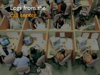 Query data from the
search team
XXX.XXX.X.104 - - [10/Jul/2013:10:25:46 -0800]
"GET /search?
access=p&entqr=0&output=xml_no_dtd&sort=date%
3AD%3AL%3Ad1&ud=1&site=AllSites&ie=UTF-8&clie
nt=www&oe=UTF-8&proxystylesheet=www&q=lincens
e+plate&ip=XXX.XXX.X.104 HTTP/1.1" 200 971 0
0.02
XXX.XXX.X.104 - - [10/Jul/2013:10:25:48 -0800]
"GET /search?
access=p&entqr=0&output=xml_no_dtd&sort=date%
3AD%3AL%3Ad1&ie=UTF-8&client=www&q=license+pl
 